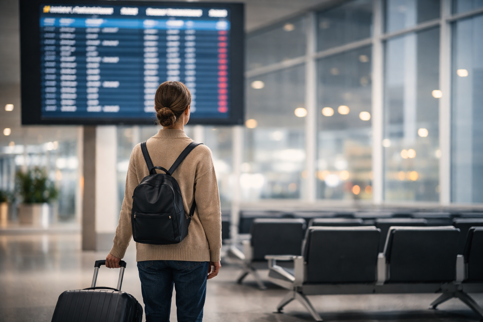 Traveler waiting at airport terminal with customer support contact section for FAQ page
