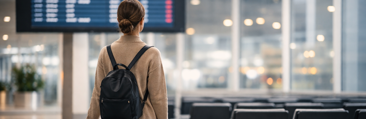 Traveler waiting at airport terminal with customer support contact section for FAQ page