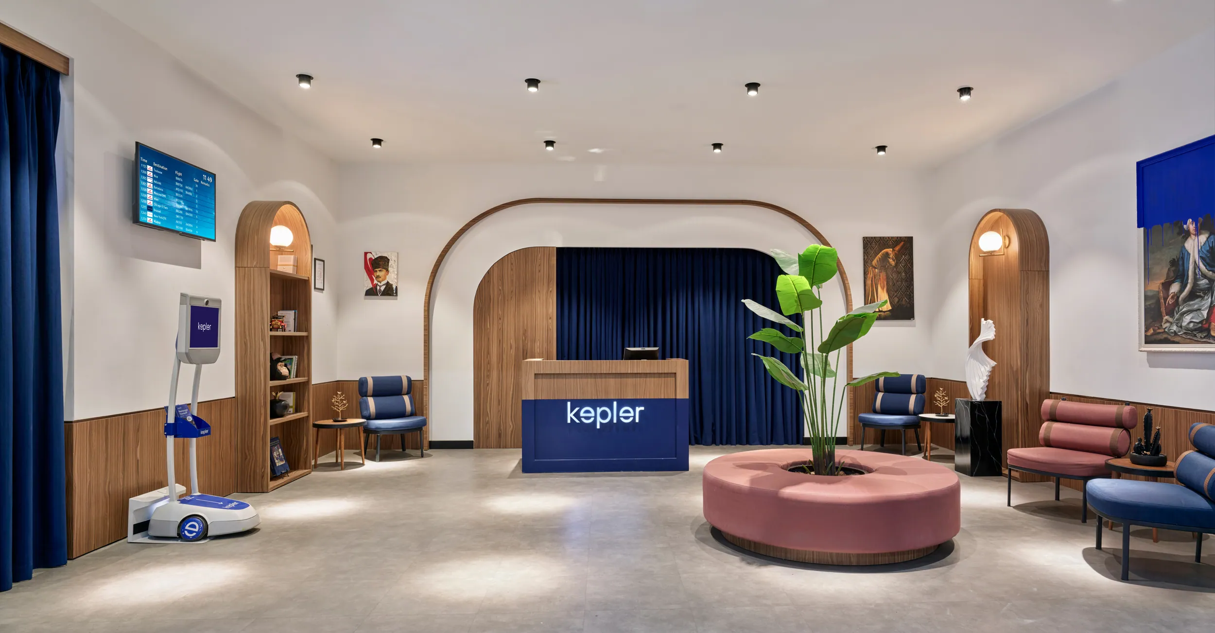 Modern airport hotel sleep lounge and reception area at Kepler transit hospitality space