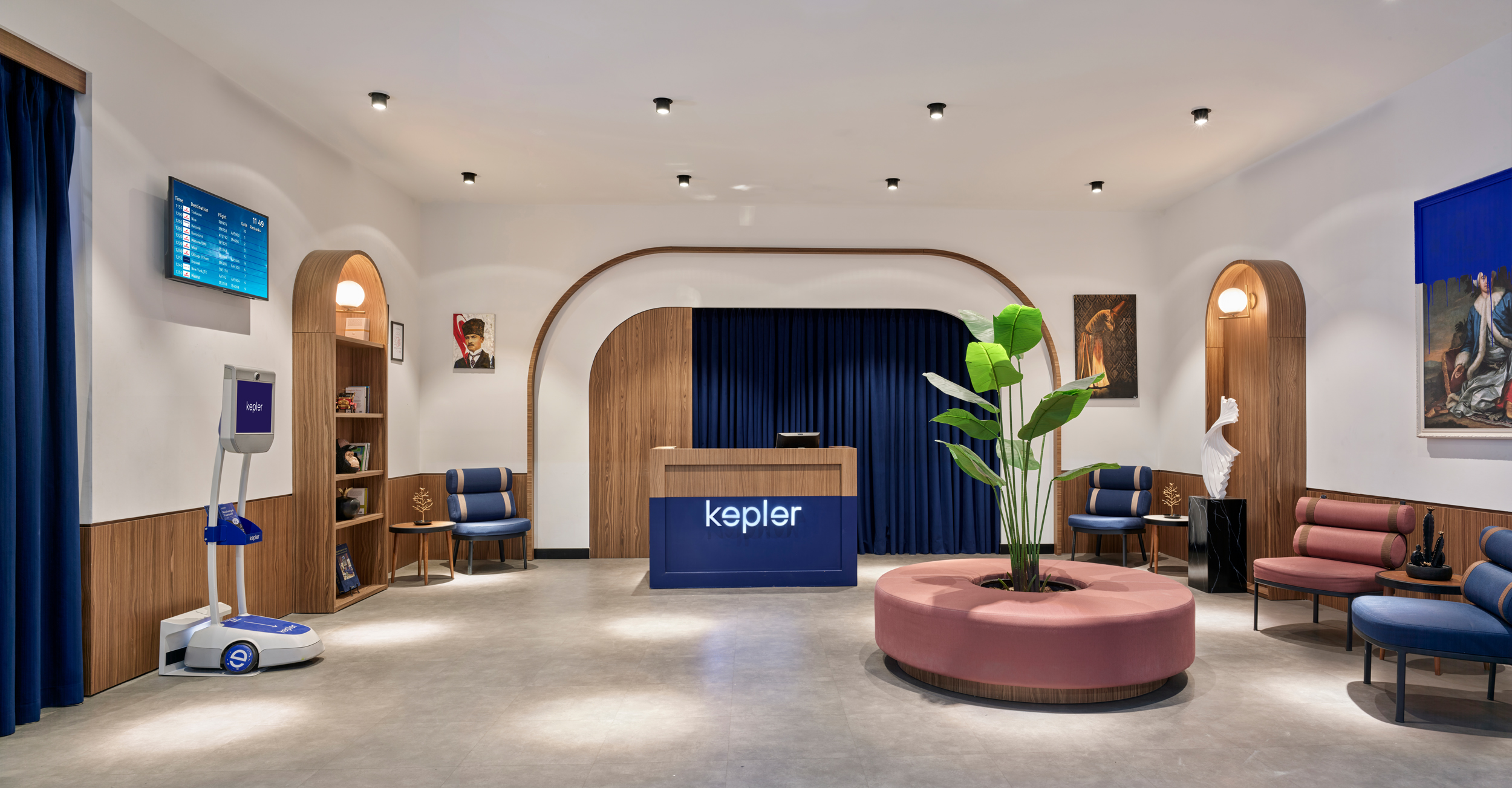 Modern airport hotel sleep lounge and reception area at Kepler transit hospitality space
