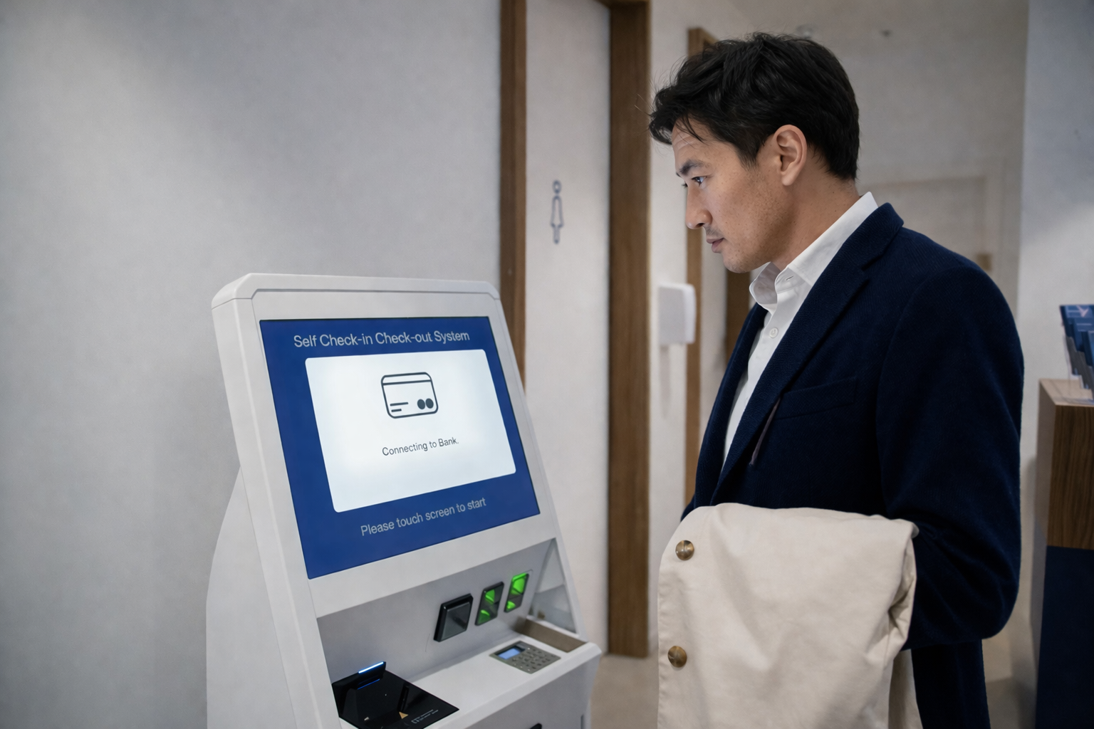 Traveler using self check-in kiosk for seamless access at Kepler airport transit hotel