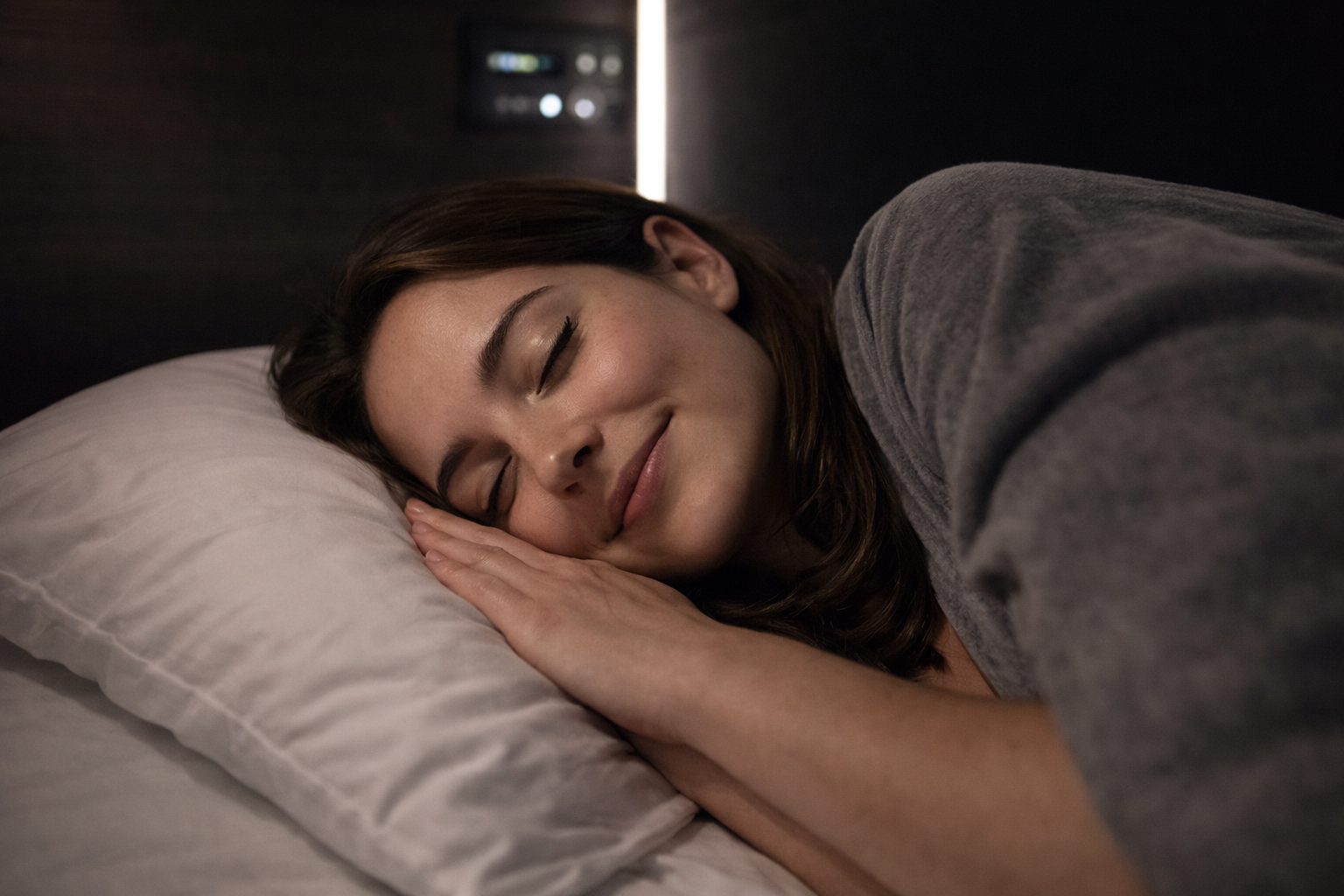 Guest resting in a private airport sleeping pod with customizable ambient sound features