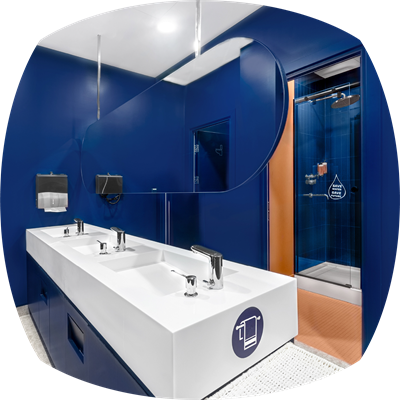 Bathrooms with high-level hygiene, shower areas equipped with essential amenities like shampoo, lotion, towels, and smart toilets.