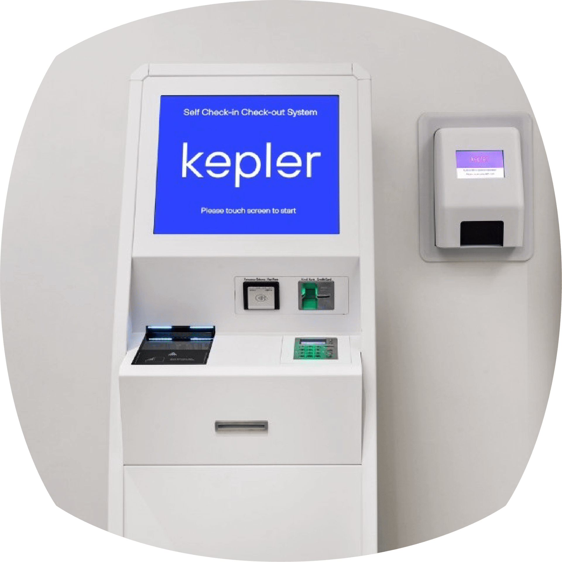 Photo of our Self Service Check-In/Out kiosks in the entrance area – easily check in or out at your convenience.